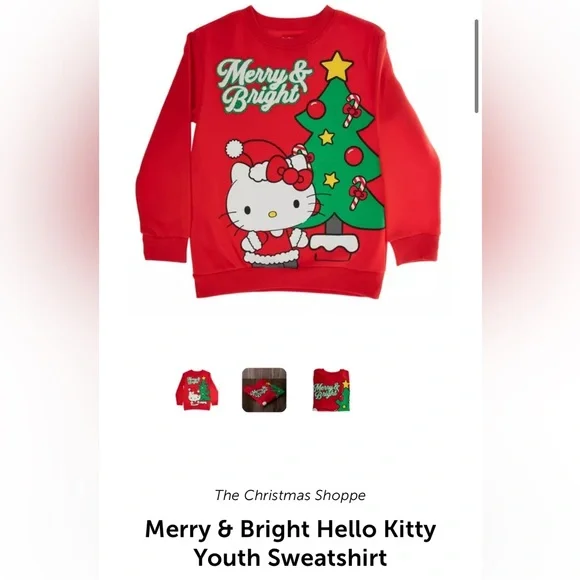 Hello Kitty Red Graphic Christmas Merry & Bright Tree Sweatshirt Crewneck - Picture 3 of 17